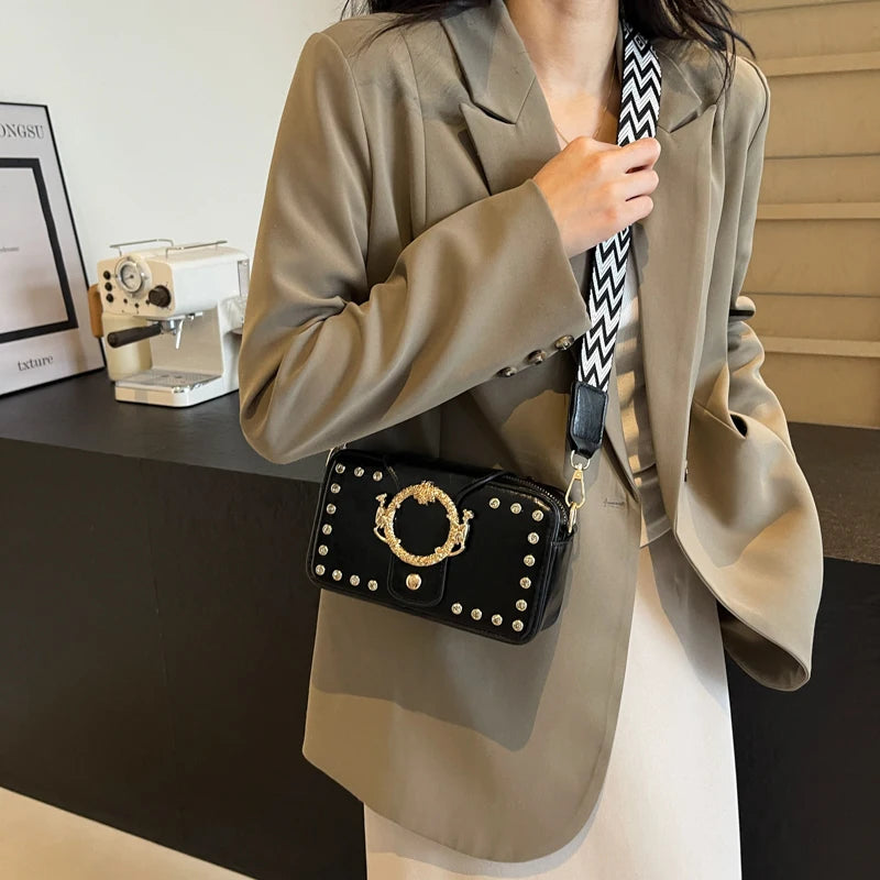 Luxury Rivet Pu Leather Crossbody Bag For Women 2024 New Wide Strap Shoulder Handbag And Purse Black Zipper Messenger Bags
