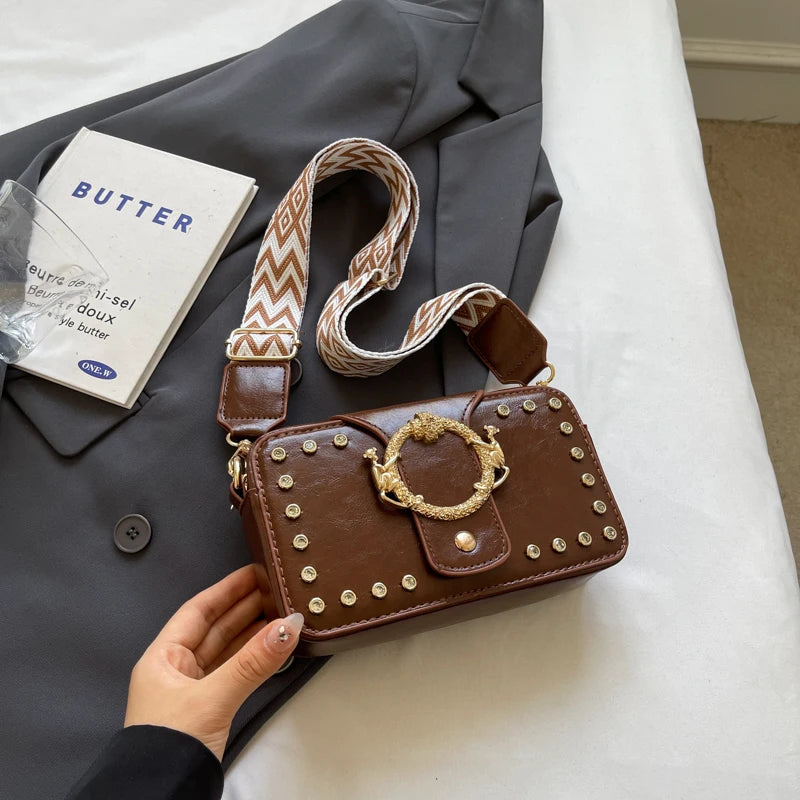 Luxury Rivet Pu Leather Crossbody Bag For Women 2024 New Wide Strap Shoulder Handbag And Purse Black Zipper Messenger Bags