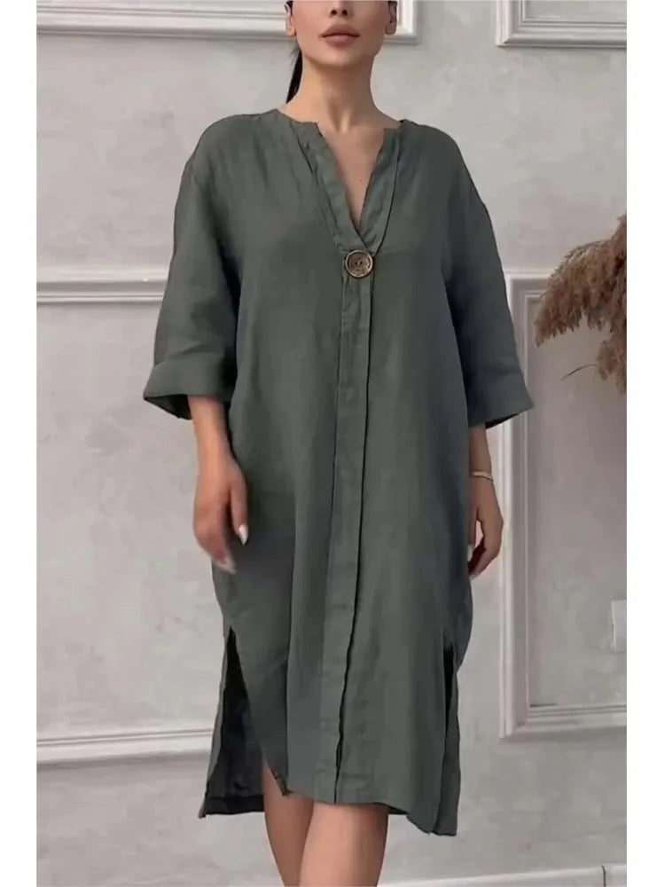 Elegant O-neck Long-sleeved Button Dress For Women Summer Cotton And Linen Solid Color Loose Casual Slit Simple Dress Female