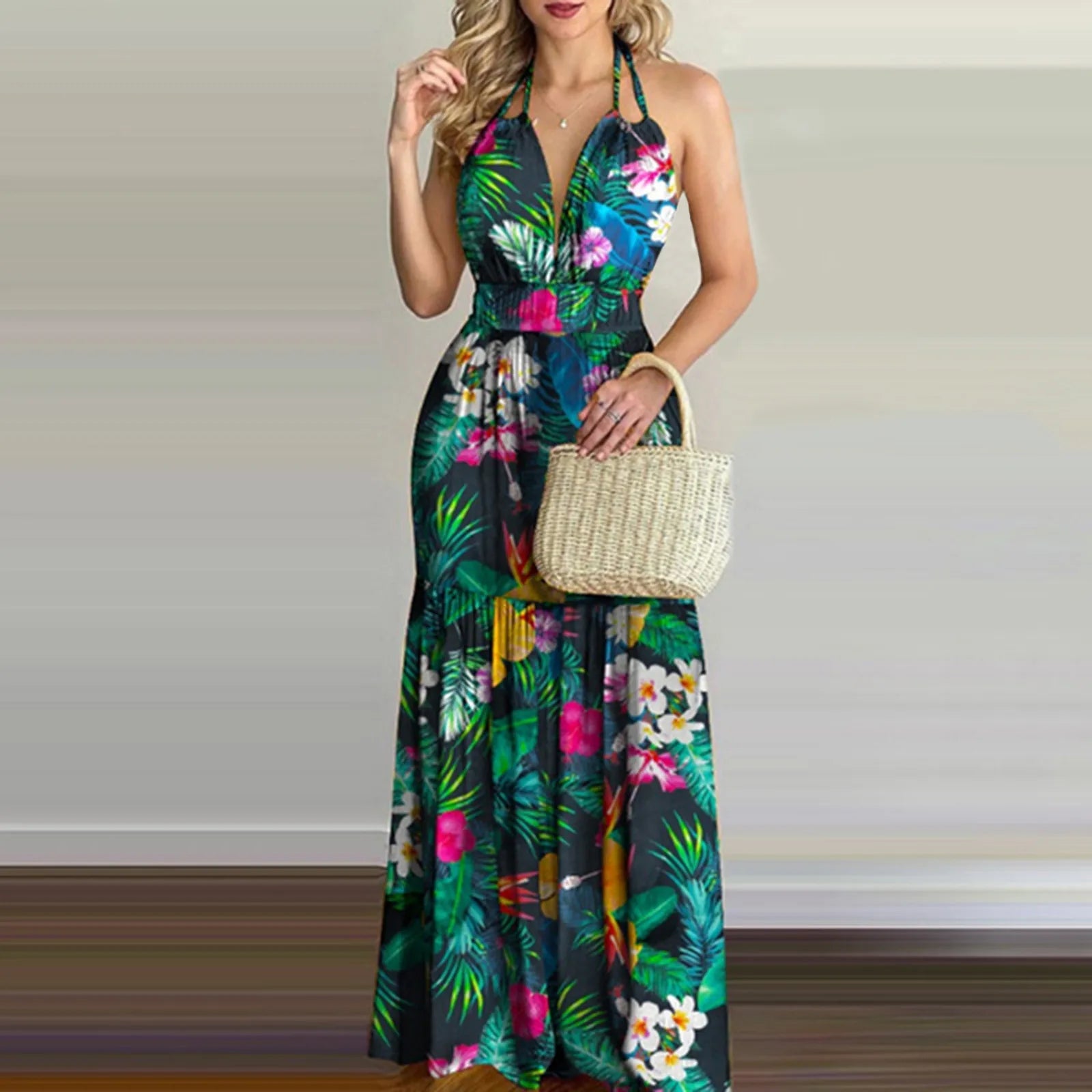 Women's Tropical Print Halter Maxi Dress - Backless Beach Summer Dress