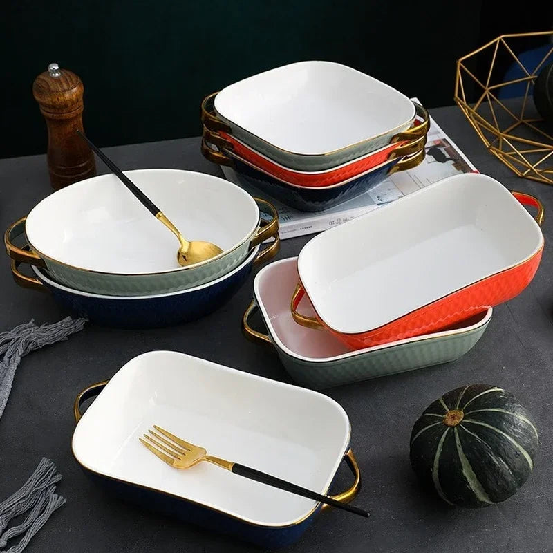Golden Side Baking Tray Rectangle Oval Ceramic Glaze Baking Pan Barbecue Salad Plate Oven Kitchen Bableware