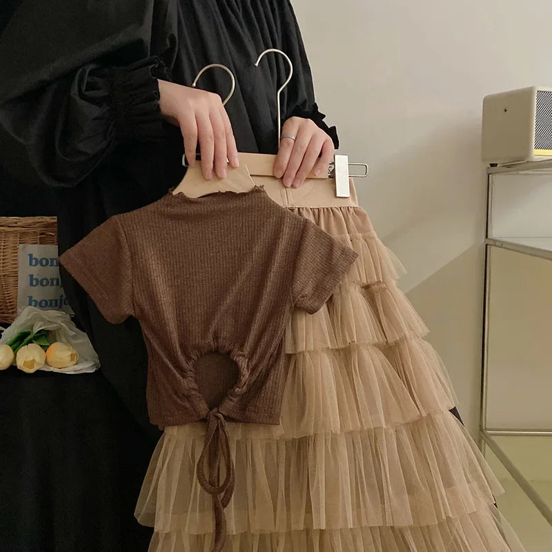 Children's Clothing Set Wear Summer New Girls' Fashion Top Sweet Cake Half Skirt Set Birthday Party Kids Boutique Clothes