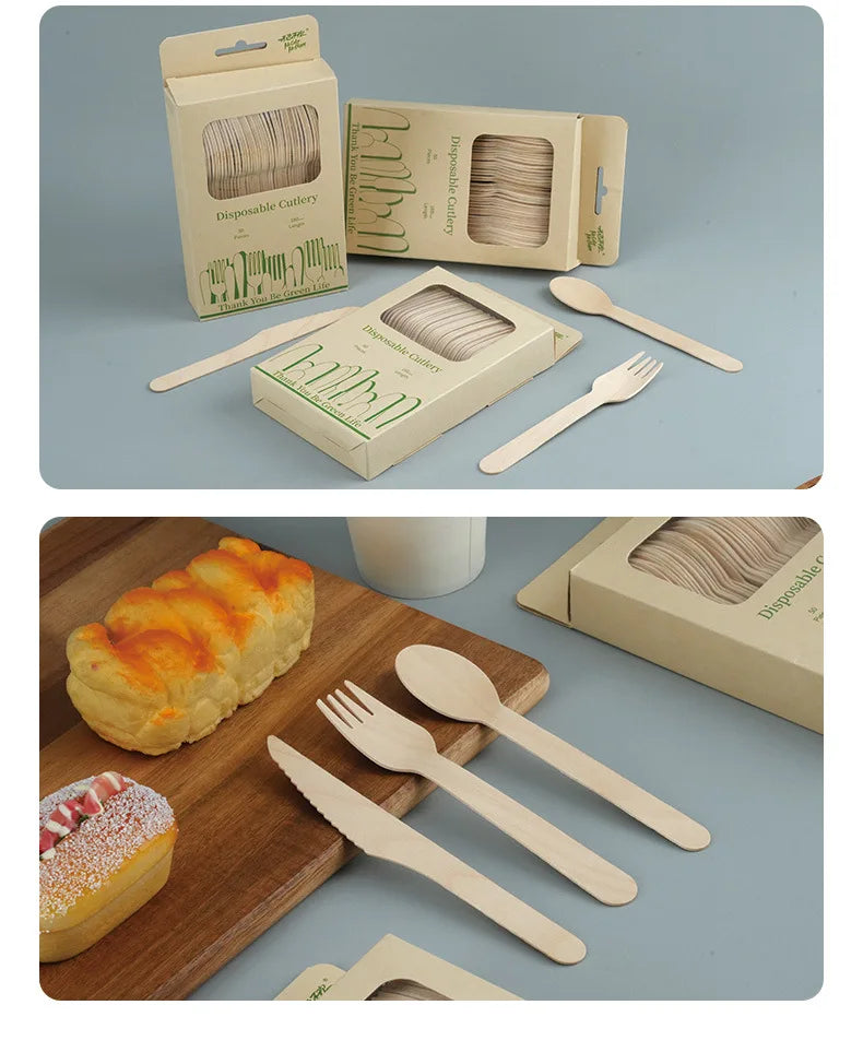 Disposable Wooden Cutlery Set Eco-Friendly  Fork Knife Spoon Wedding Birthday Party Outdoor Picnic Kitchen Recyclable Flatware
