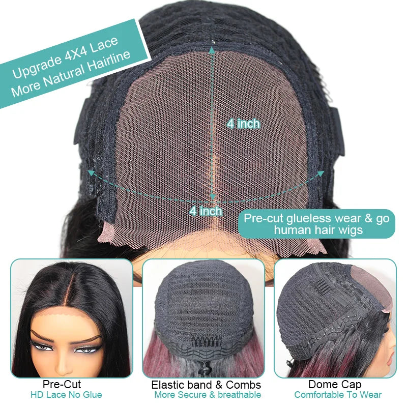 Burgundy Wear And Go Glueless Wigs Human Hair Body Wave Wigs For Women 4X4 Lace Closure Wig Ready To Wear Curly Human Hair Wigs