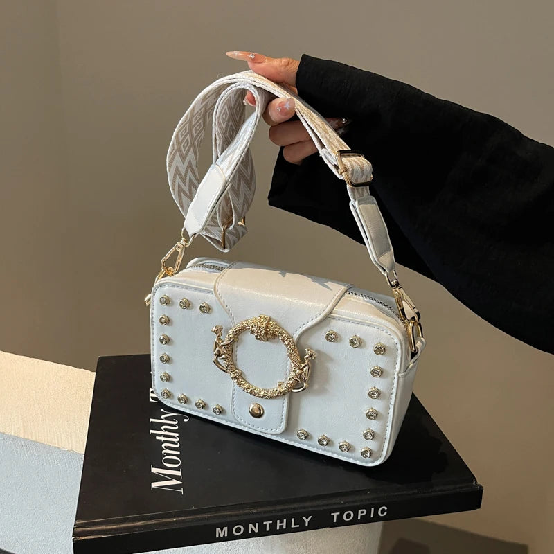 Luxury Rivet Pu Leather Crossbody Bag For Women 2024 New Wide Strap Shoulder Handbag And Purse Black Zipper Messenger Bags