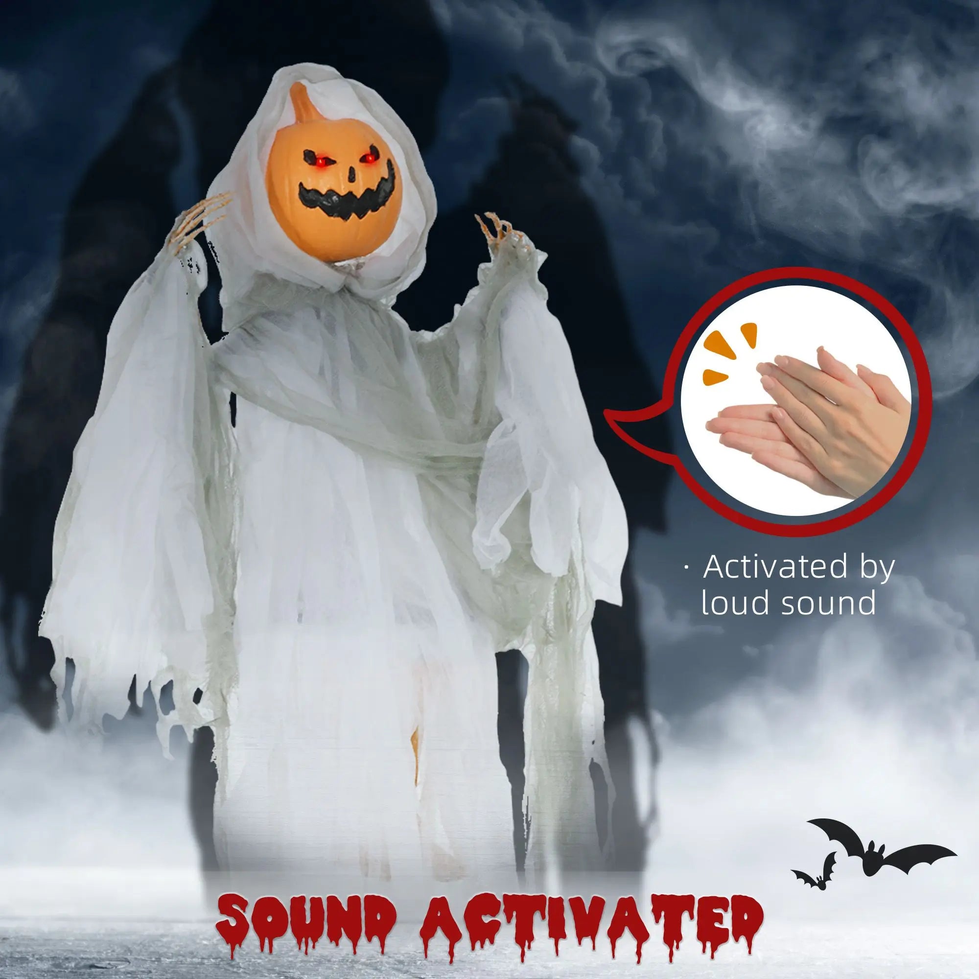 3.9' Outdoor Halloween Hanging Pumpkin Ghost Sound Activated Creepy Howling Light up Eyes Party Decorations