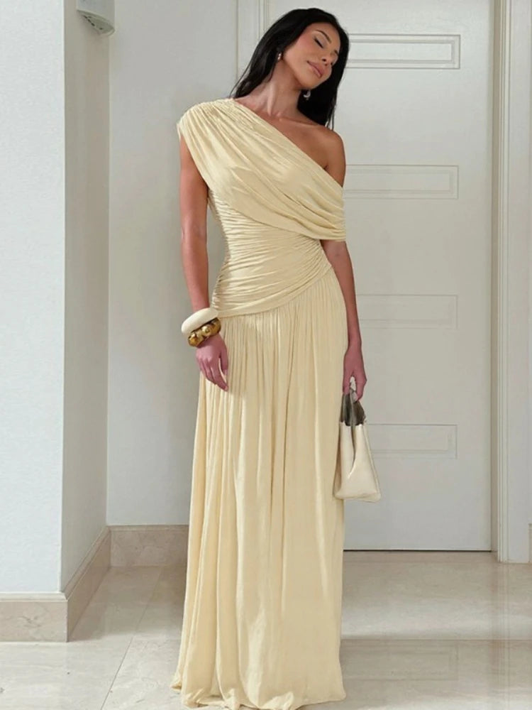 Women's Elegant Diagonal Collar Ruched Asymmetrical Dress 2025 Summer One Shoulder Sleeveless Irregular Long Party Prom Dresses