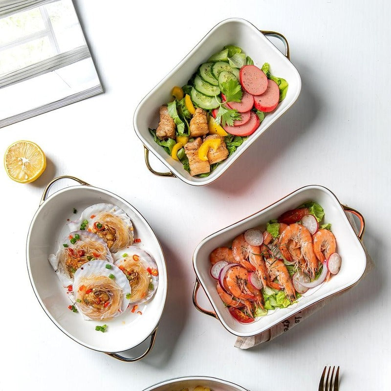 Golden Side Baking Tray Rectangle Oval Ceramic Glaze Baking Pan Barbecue Salad Plate Oven Kitchen Bableware