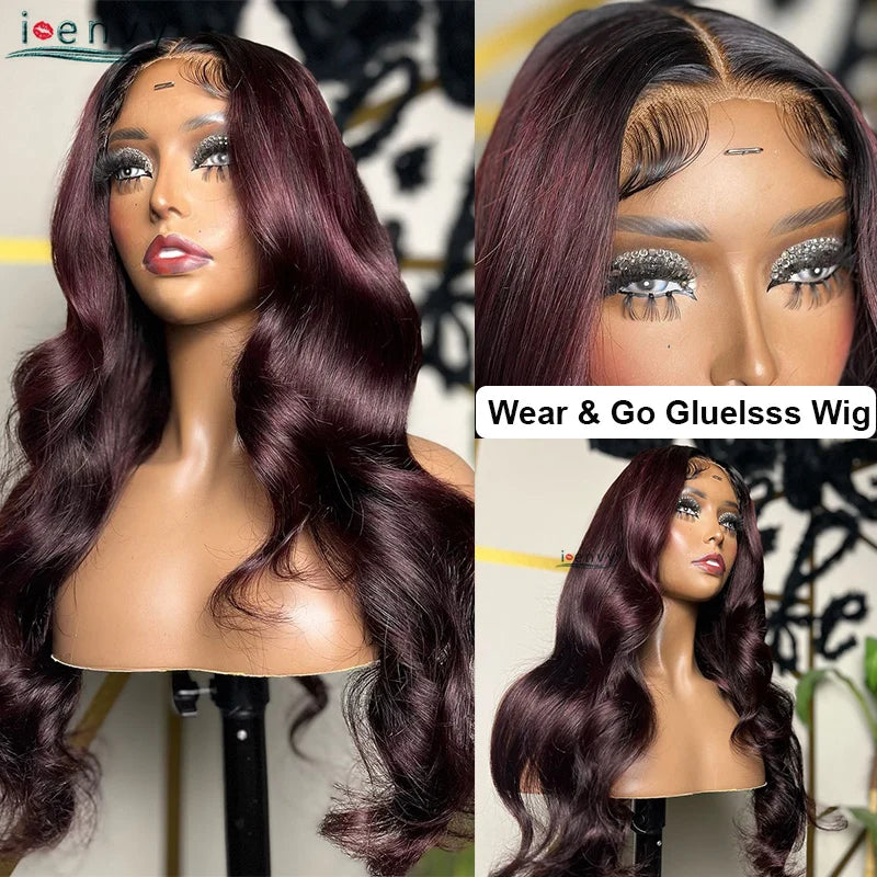 Burgundy Wear And Go Glueless Wigs Human Hair Body Wave Wigs For Women 4X4 Lace Closure Wig Ready To Wear Curly Human Hair Wigs