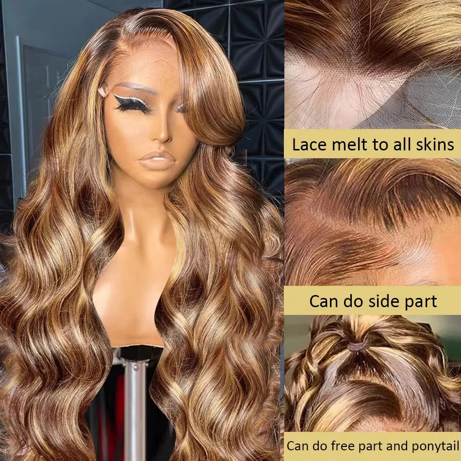 Highlight Blonde Ombre P4/27 Body Wave 13x4 lace front human hair wig 13x6 Water Wave Pre Plucked Brazilian Colored hd lace wigs