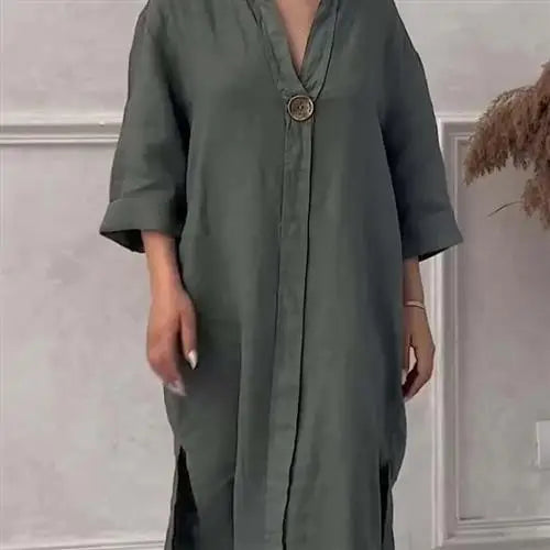 Women's Casual Button-Up Linen irt Long Ne round Color Blo  Pet Clothing Accories