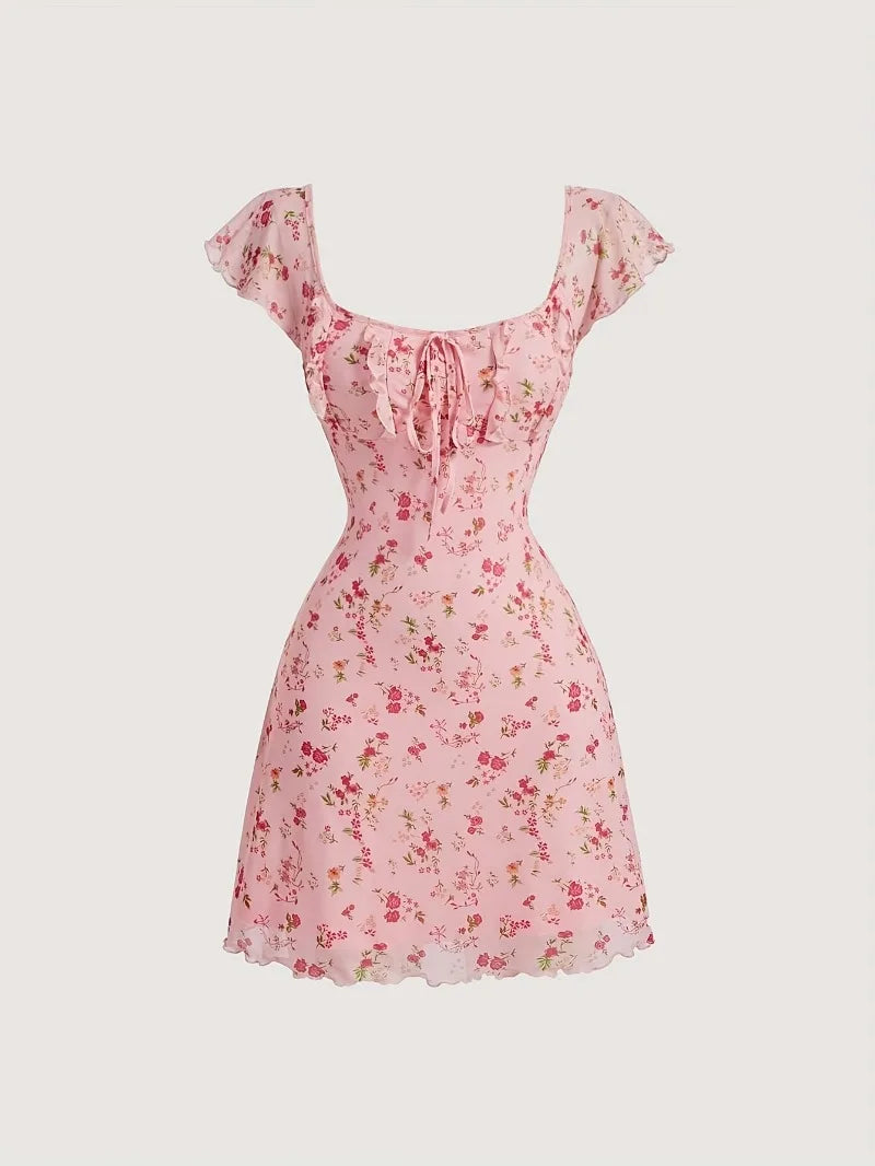 Women's Dresses Sleeveless Ruffled Trim Square Collar Tie-up Cut Out Backless Floral/Dots Summer Party Short Mini A-line Dress