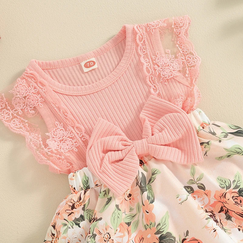 Pudcoco Baby Girl Summer Jumpsuit Floral Print Lace Patchwork Romper Dress and Headband Set Cute Fashion Clothes Outfits 0-18M