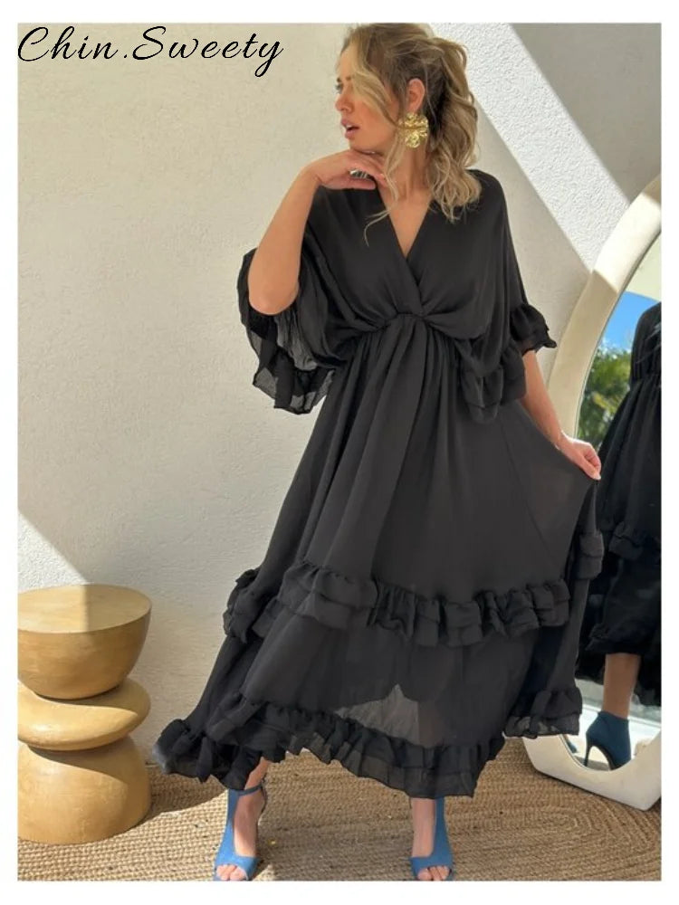 Elegant Ruffles Long Pleated Dress Women Loose Solid V-neck Half Sleeve Ruched Dresses 2025 Spring Summer Lady Vacation Robe New
