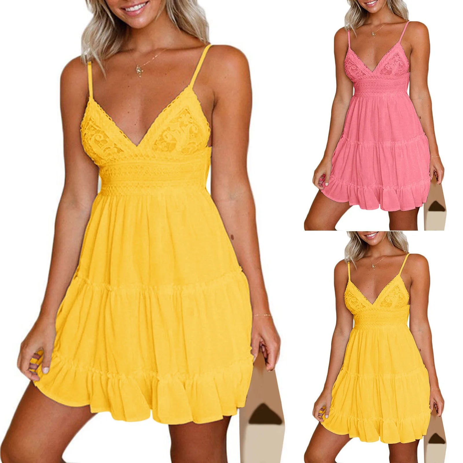 Women Summer Lace Short Dresses Casual V Neck Boho Ruffle Sleeveless A Line Beach Sun Dress Backless Sexy Dresses For Women