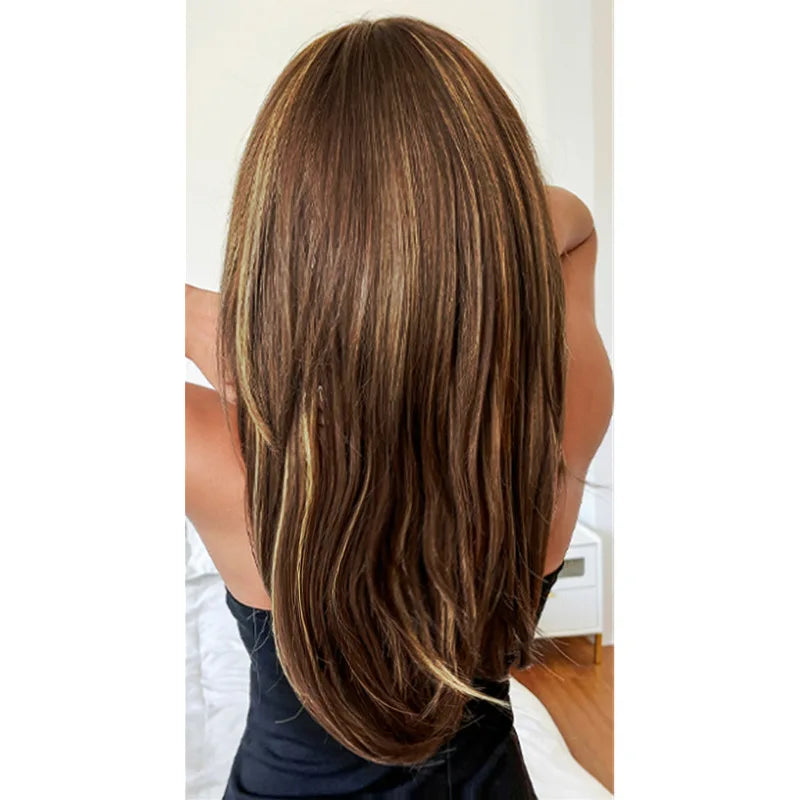 Wig female brown highlights medium long curly synthetic high temperature silk mechanism full head set wig