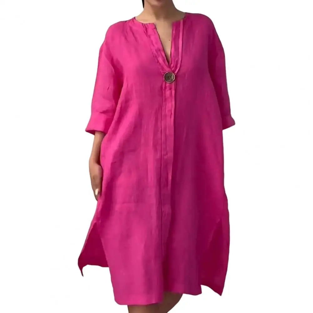 Summer Women Dress V Neck Side Split Loose Pullover Button Pure Color Long Sleeves Casual Daily Wear Midi Dress