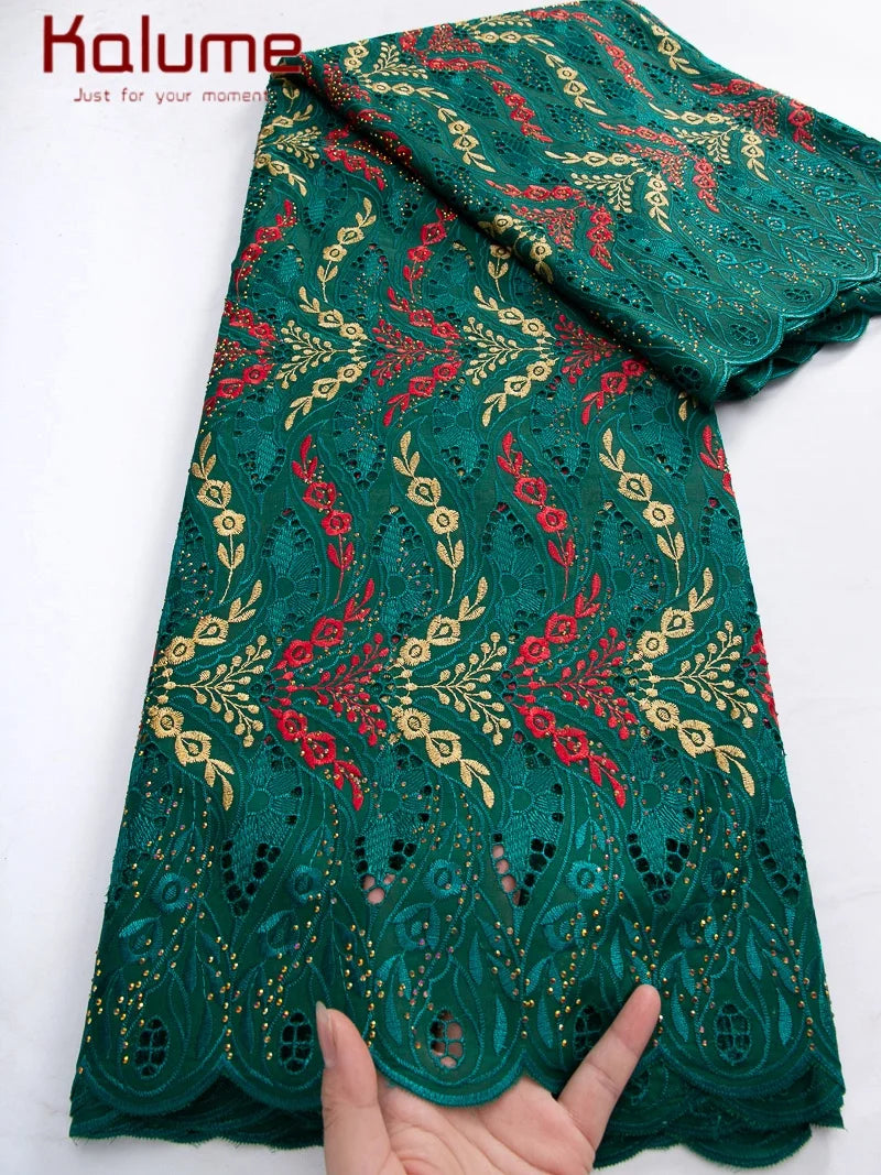 Kalume African Cotton Embroidered Lace Fabric With Stones 2025 Nigerian Swiss Voile Lace Fabric Flower For Sewing Dress F4325