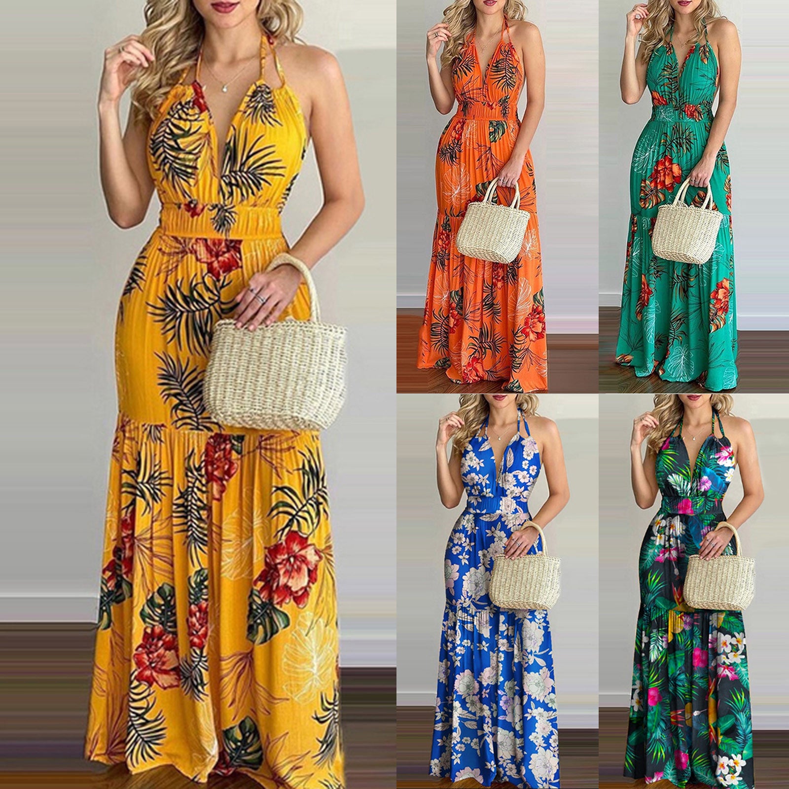 Women's Tropical Print Halter Maxi Dress - Backless Beach Summer Dress