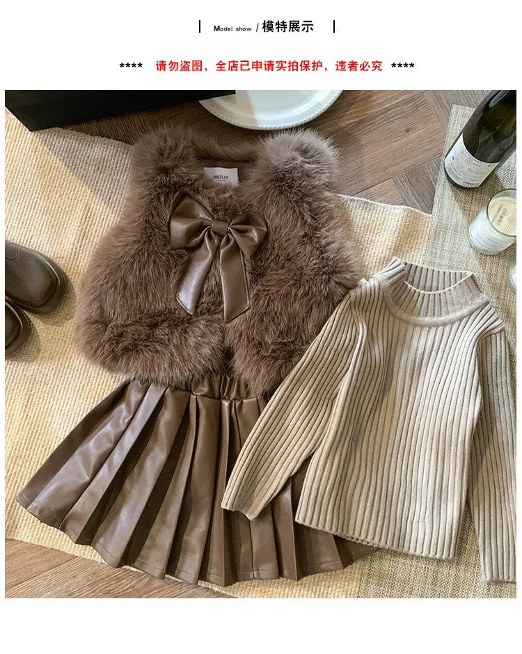 Children's Clothing Sets Fashion Furry Coat + Knitted Top + Pleated Leather Skirt 3pcs Sets Kids Clothes Girls Baby Girl Clothes