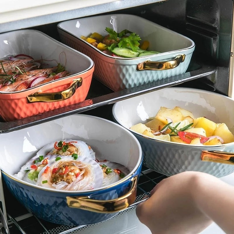 Golden Side Baking Tray Rectangle Oval Ceramic Glaze Baking Pan Barbecue Salad Plate Oven Kitchen Bableware