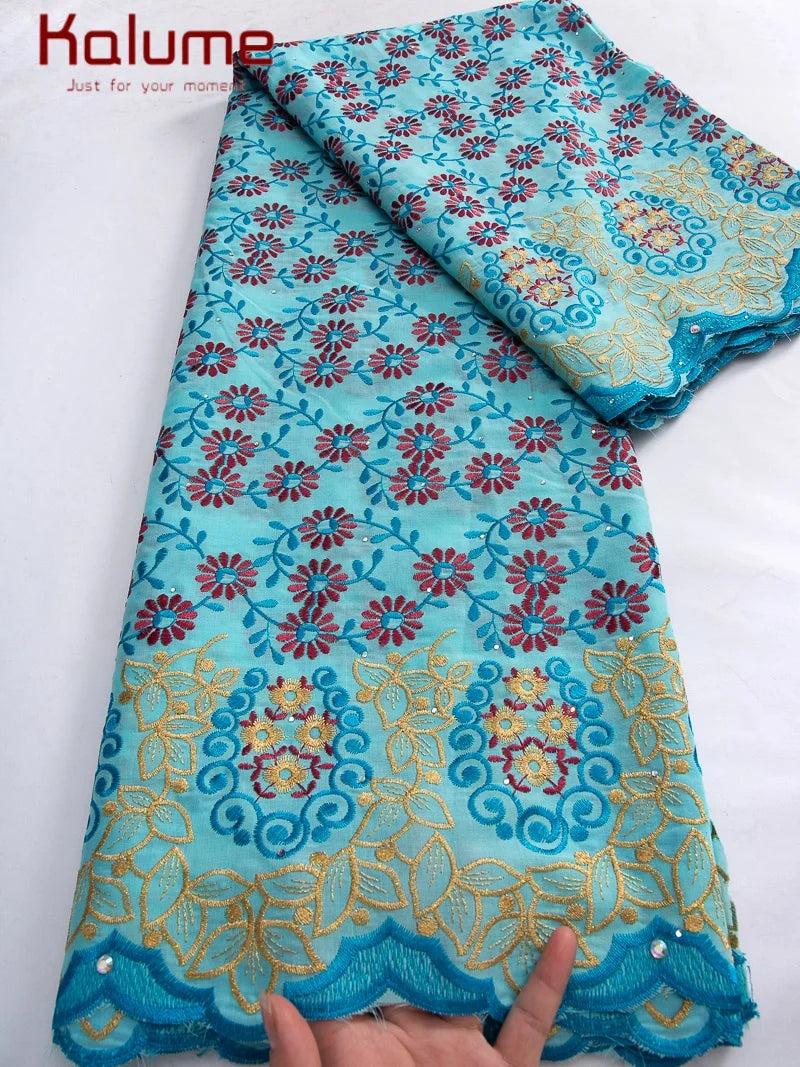 Kalume African Cotton Embroidered Lace Fabric With Stones 2025 Nigerian Swiss Voile Lace Fabric Flower For Sewing Dress F4325