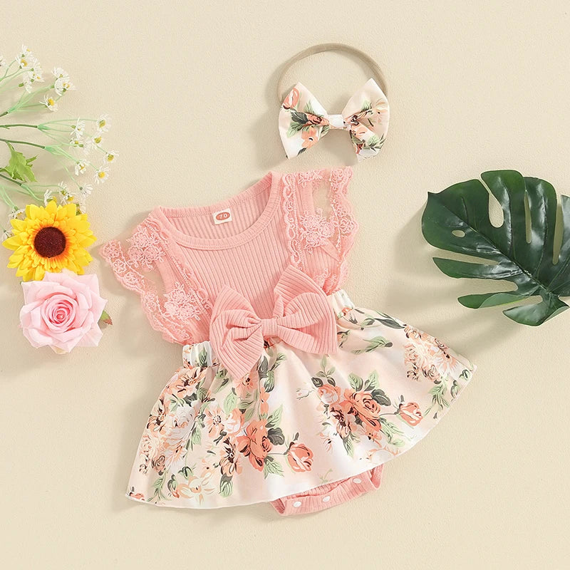 Pudcoco Baby Girl Summer Jumpsuit Floral Print Lace Patchwork Romper Dress and Headband Set Cute Fashion Clothes Outfits 0-18M