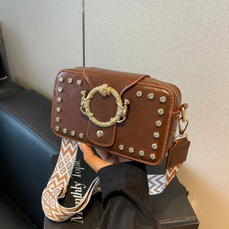 Luxury Rivet Pu Leather Crossbody Bag For Women 2024 New Wide Strap Shoulder Handbag And Purse Black Zipper Messenger Bags