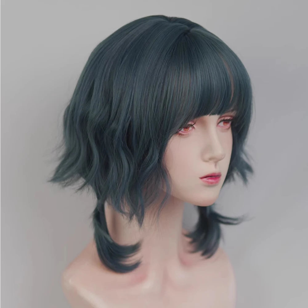 VICWIG Blue Short Wavy Mullet Head Wigs with Bangs Synthetic Lolita Cosplay Women Hair Wig for Daily Party