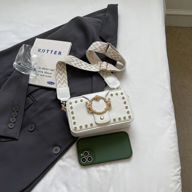 Luxury Rivet Pu Leather Crossbody Bag For Women 2024 New Wide Strap Shoulder Handbag And Purse Black Zipper Messenger Bags