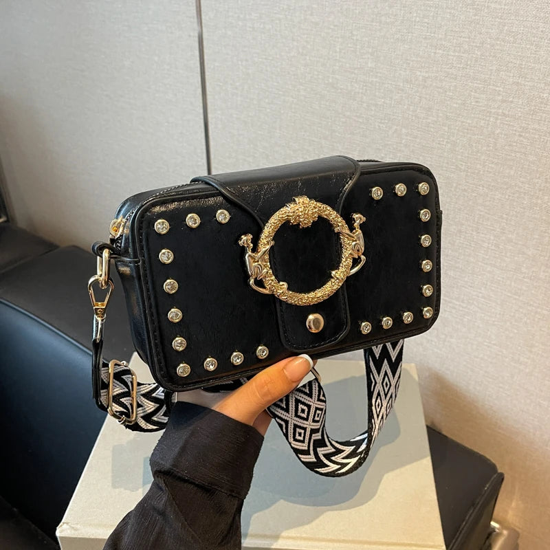 Luxury Rivet Pu Leather Crossbody Bag For Women 2024 New Wide Strap Shoulder Handbag And Purse Black Zipper Messenger Bags
