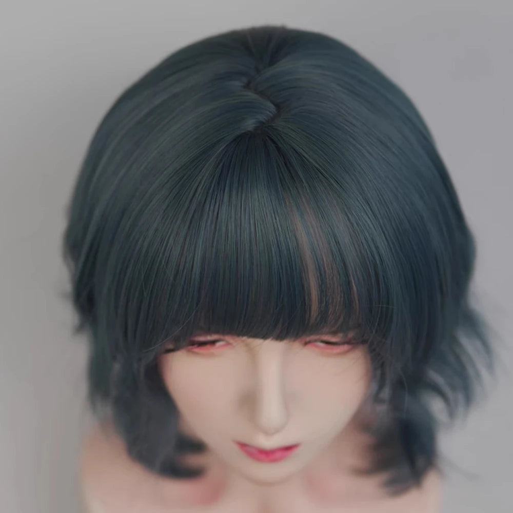 VICWIG Blue Short Wavy Mullet Head Wigs with Bangs Synthetic Lolita Cosplay Women Hair Wig for Daily Party