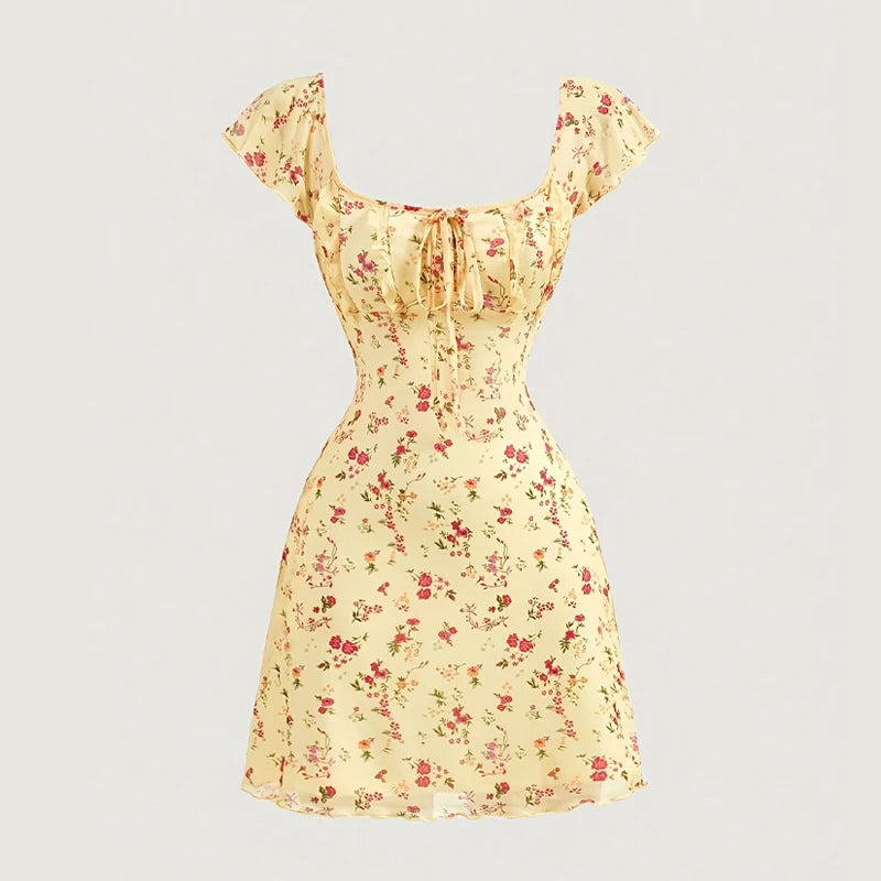 Women's Dresses Sleeveless Ruffled Trim Square Collar Tie-up Cut Out Backless Floral/Dots Summer Party Short Mini A-line Dress