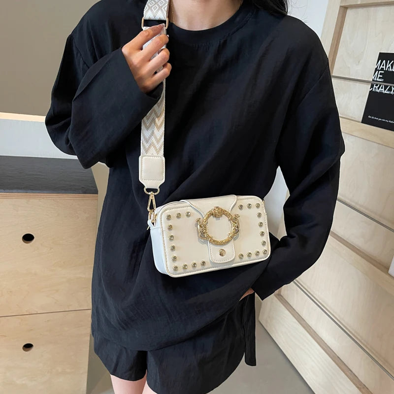 Luxury Rivet Pu Leather Crossbody Bag For Women 2024 New Wide Strap Shoulder Handbag And Purse Black Zipper Messenger Bags