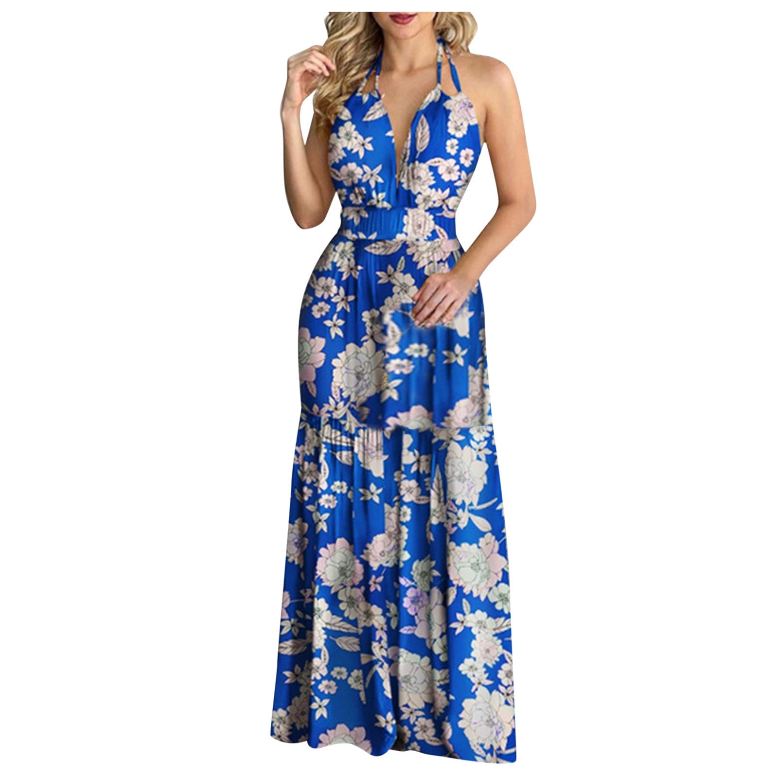 Women's Tropical Print Halter Maxi Dress - Backless Beach Summer Dress