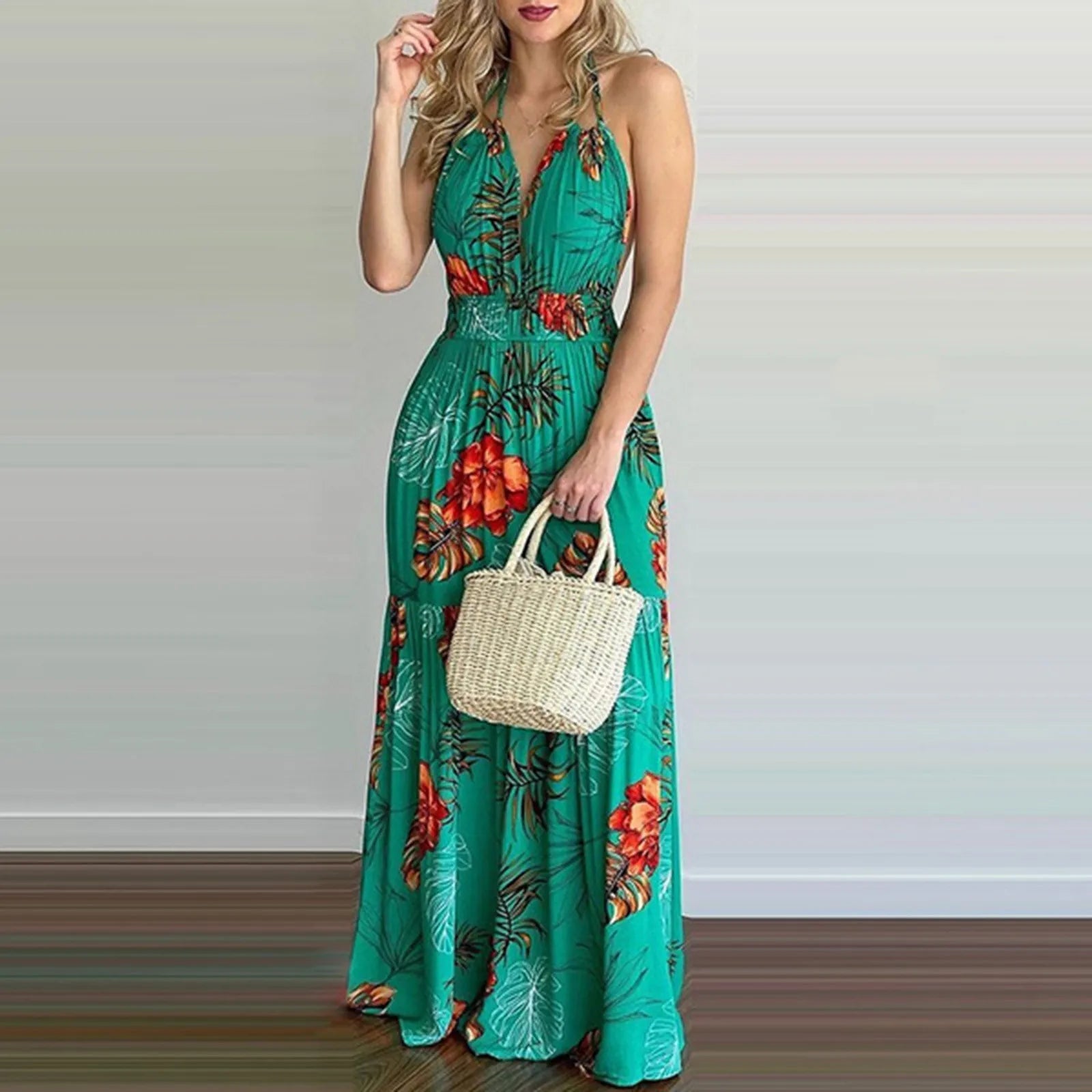 Women's Tropical Print Halter Maxi Dress - Backless Beach Summer Dress