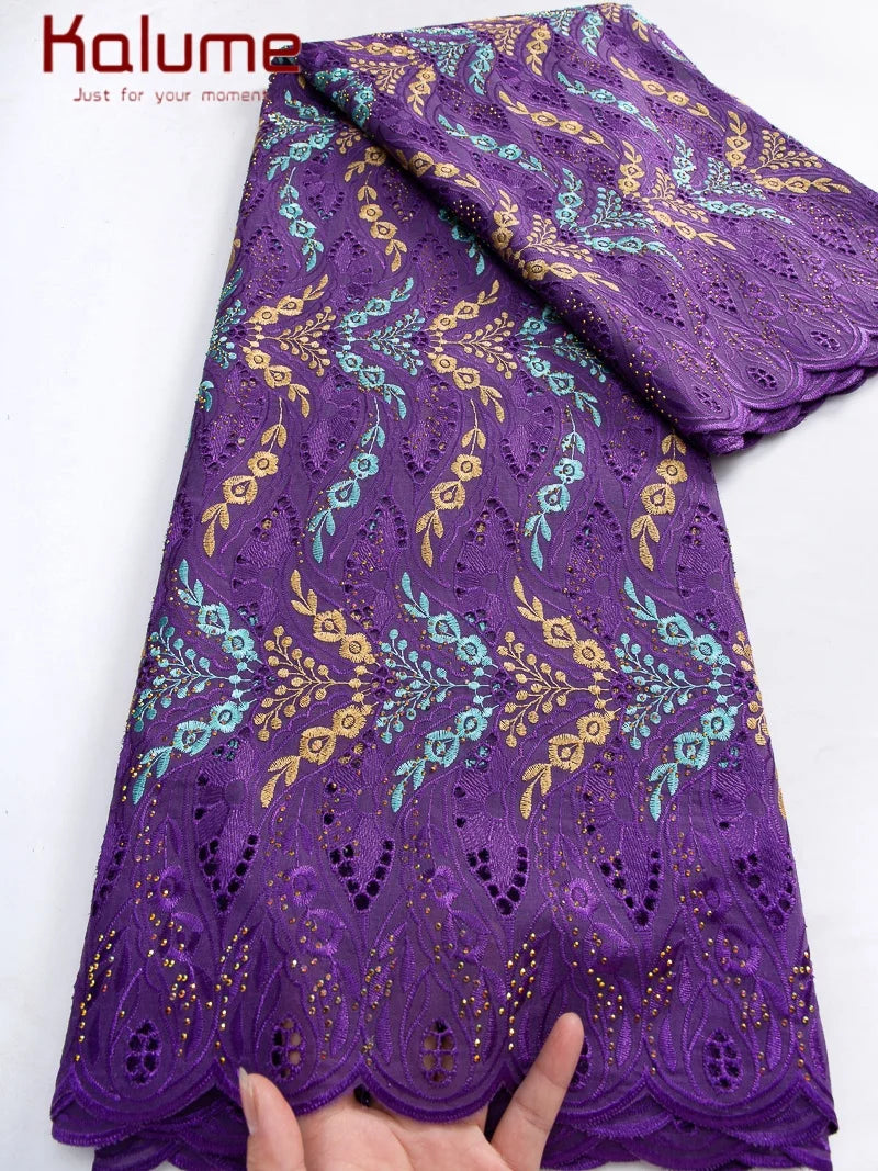 Kalume African Cotton Embroidered Lace Fabric With Stones 2025 Nigerian Swiss Voile Lace Fabric Flower For Sewing Dress F4325