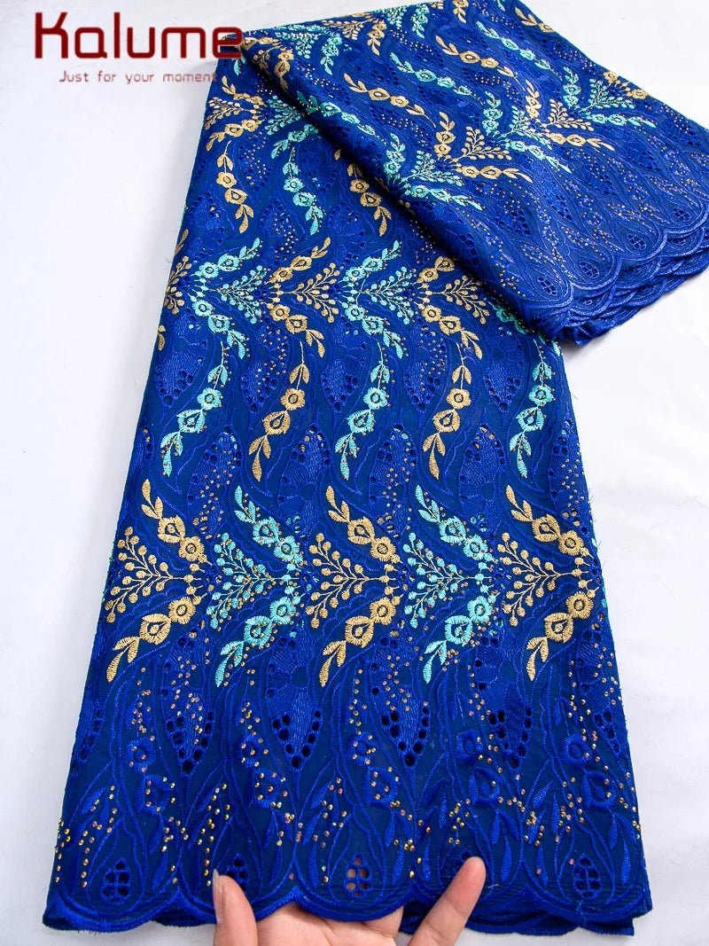 Kalume African Cotton Embroidered Lace Fabric With Stones 2025 Nigerian Swiss Voile Lace Fabric Flower For Sewing Dress F4325