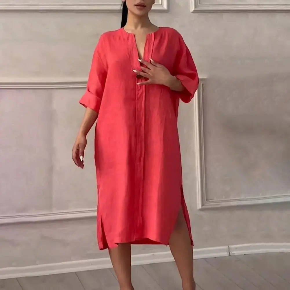 Soft Fabric Women Dress Button V-neck Dress Women's Loose V Neck A-line Midi Dress with Three Quarter Sleeves for Wear