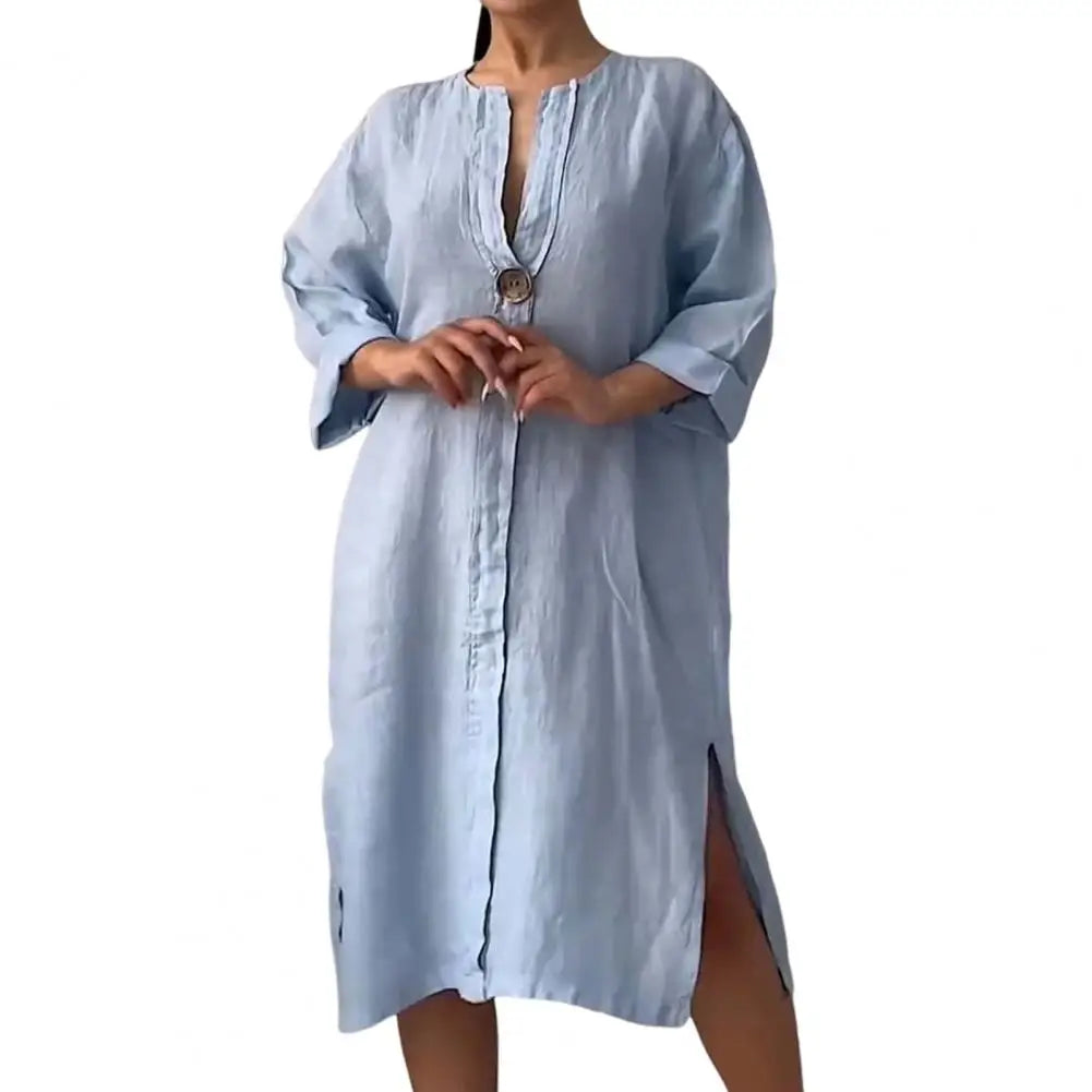 Soft Fabric Women Dress Button V-neck Dress Women's Loose V Neck A-line Midi Dress with Three Quarter Sleeves for Wear