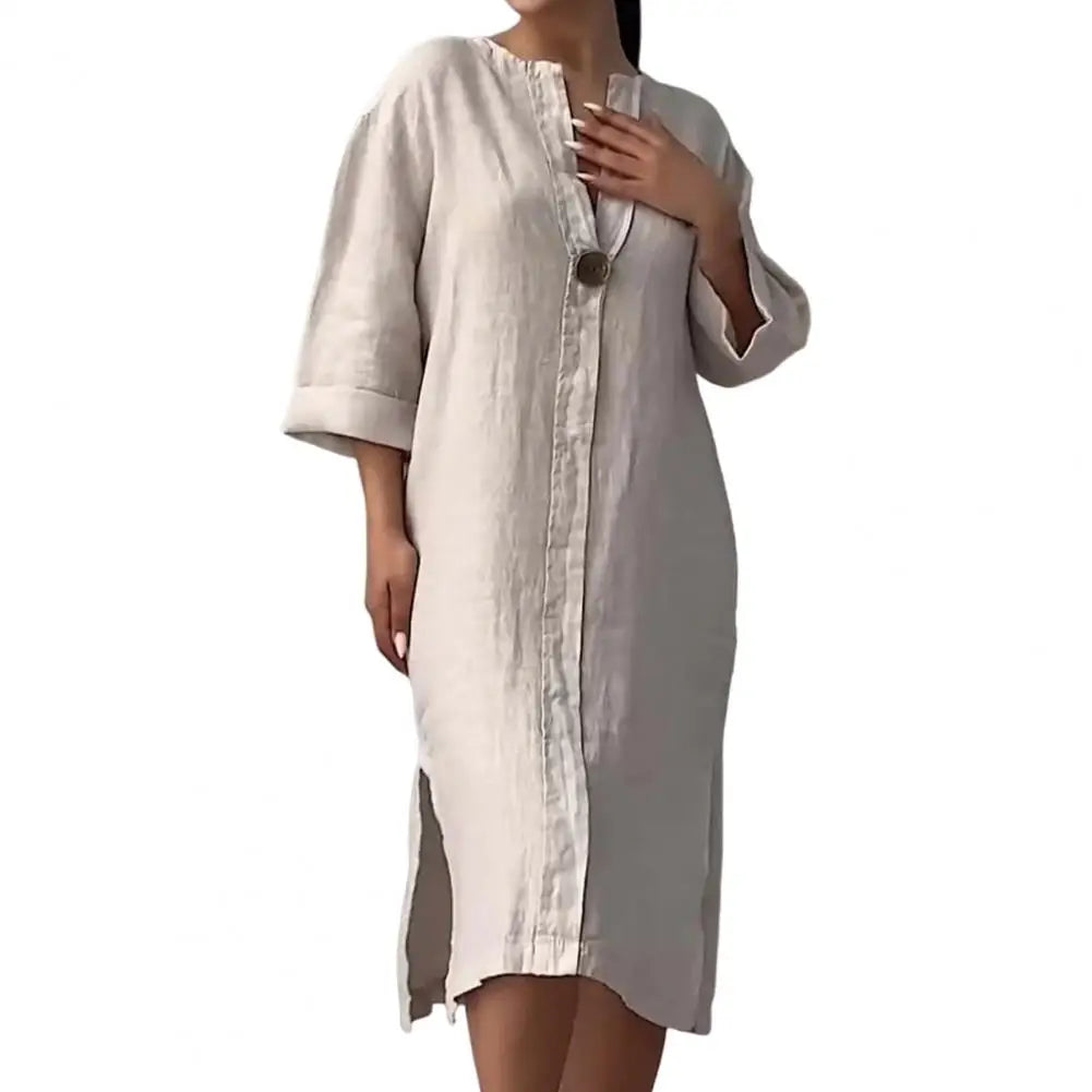 Summer Women Dress V Neck Side Split Loose Pullover Button Pure Color Long Sleeves Casual Daily Wear Midi Dress