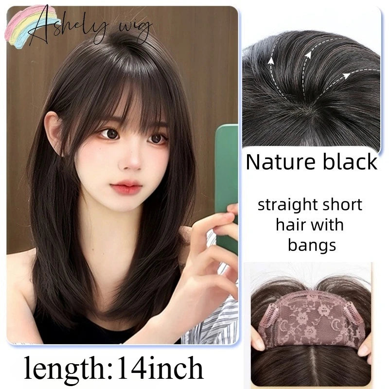 Wig for Women Black Long Straight Top Wig Pieces Hair Growth Volume No Need To Wear Wig Cap Hair Replacement False Bangs