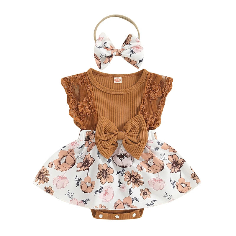 Pudcoco Baby Girl Summer Jumpsuit Floral Print Lace Patchwork Romper Dress and Headband Set Cute Fashion Clothes Outfits 0-18M