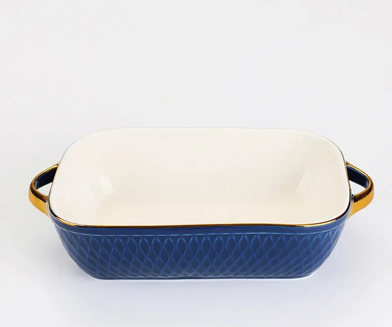 Golden Side Baking Tray Rectangle Oval Ceramic Glaze Baking Pan Barbecue Salad Plate Oven Kitchen Bableware