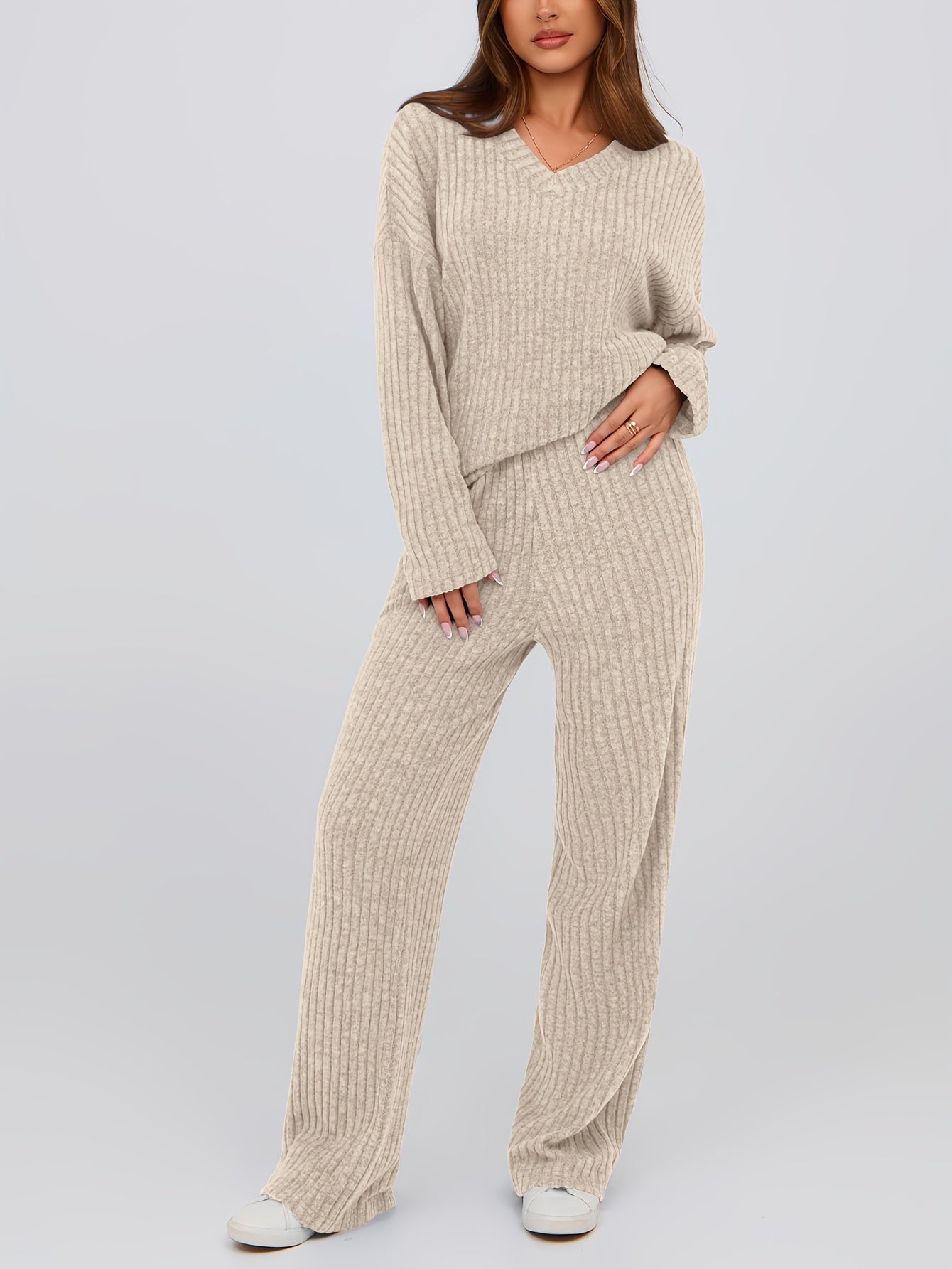 [Ribbed Knit Lounge Sets] 2pcs Ribbed Knit Lounge Sets - Women's Long Sleeve V Neck Pullover Tops Wide Leg Pants for Fall Winter Outfits