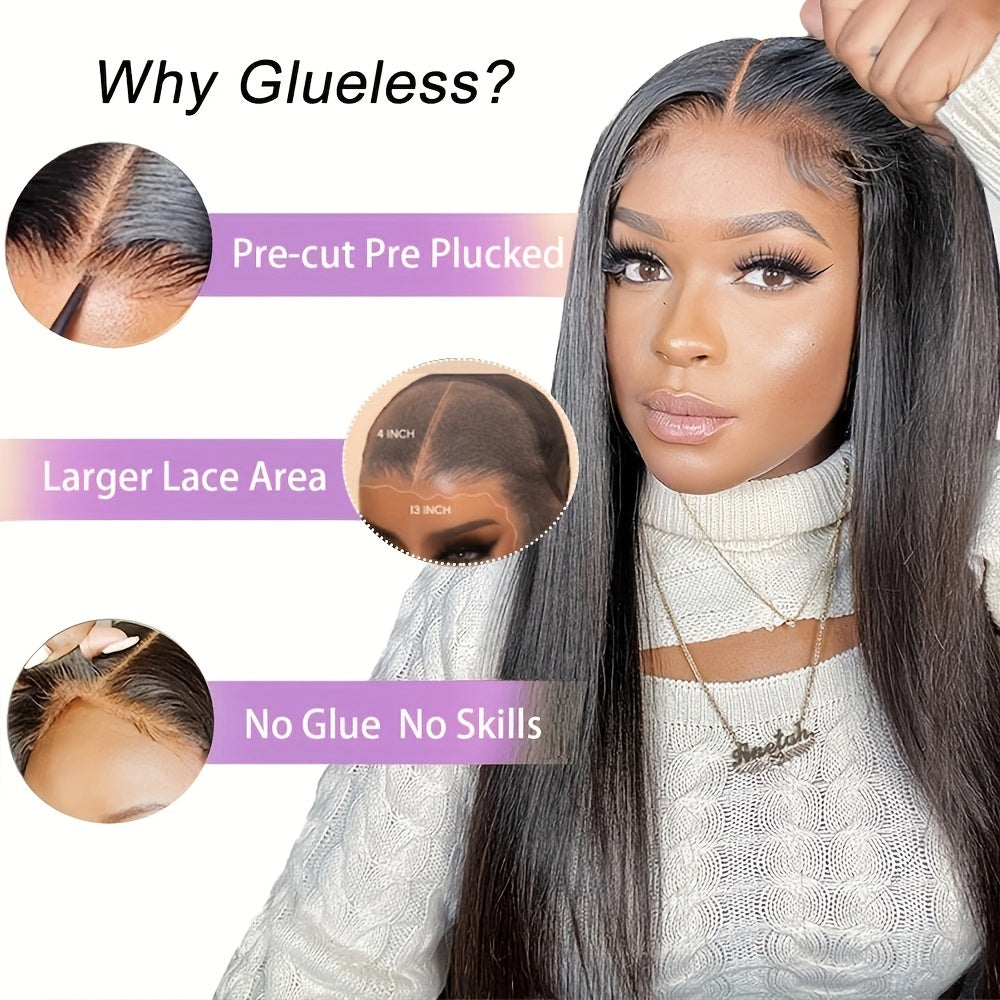 200% Density 13x4 Glueless Brazilian Human Hair Wig - Pre-Plucked with Baby Hair, Straight Black Wigs for, Natural Hair Wig, Realistic Hairline Wig, Fullbodied Wig