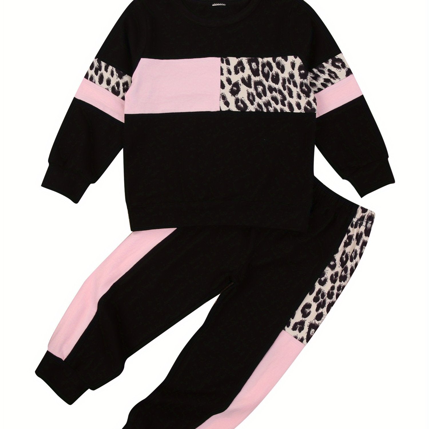 Kids Toddler Baby Boy Girl Clothes Leopard Color Block Long Sleeve Sweatshirt Pullover Tops Pants Set Sweatsuit Casual Fall Winter Outfits 2Pcs