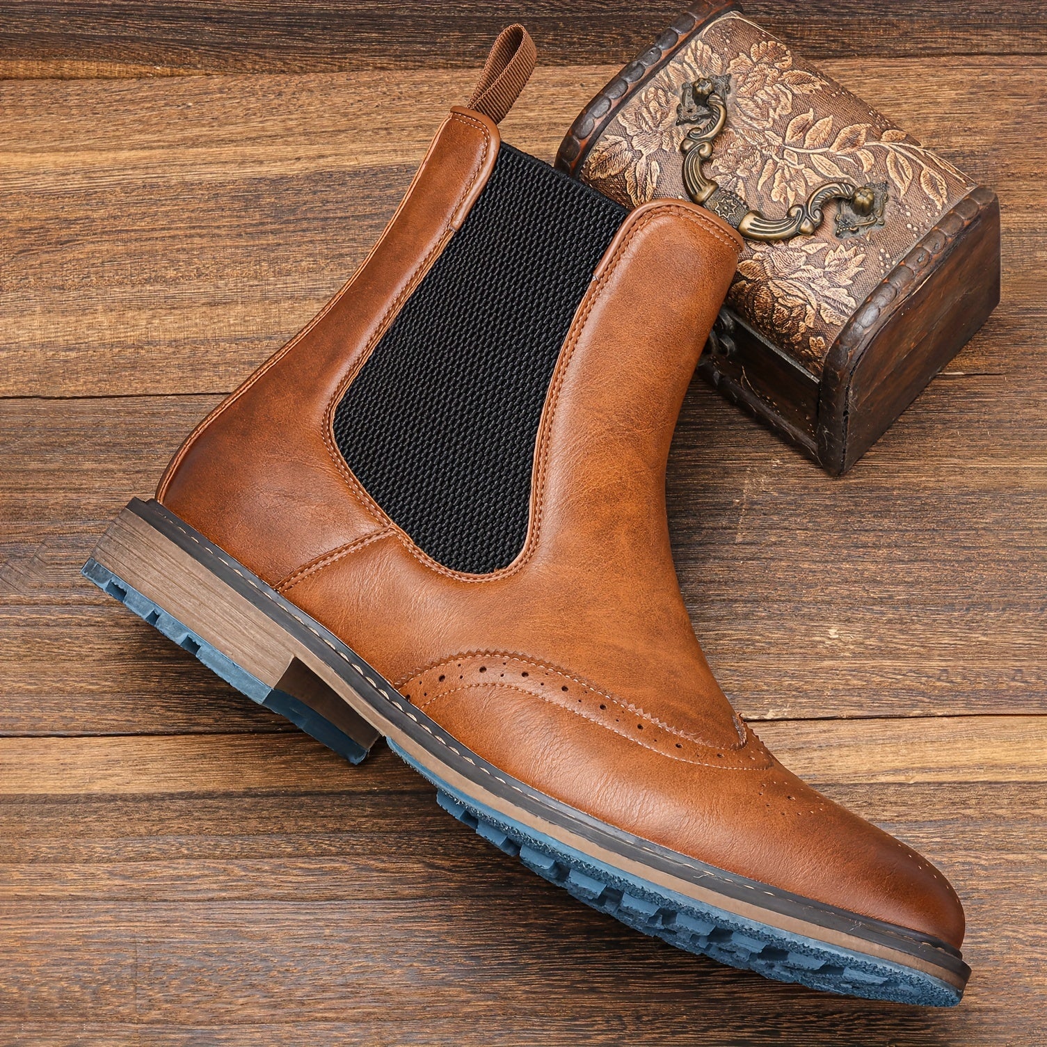 Mens Premium Brogue Slip-On Chelsea Boots - Stylish & Comfortable Ankle Footwear with Classic Round Toe - Perfect for Everyday Versatility