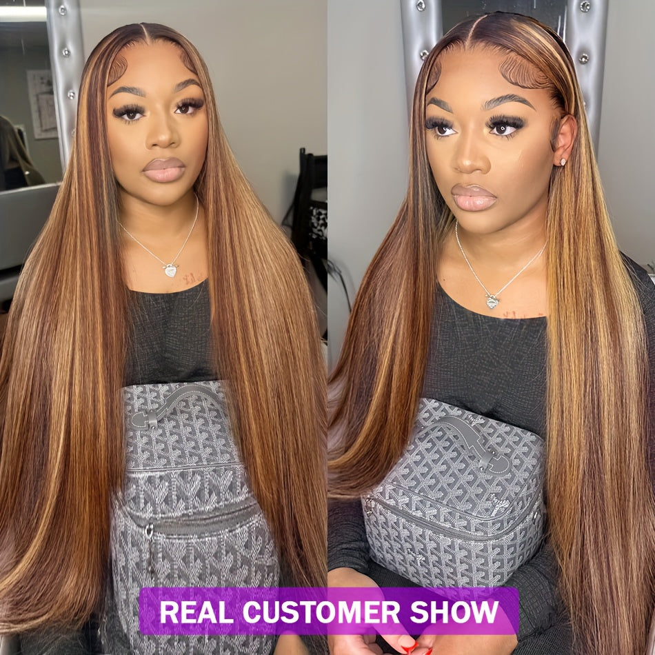 13x4 HD Lace Front Peruvian Remy Human Hair Wigs - Bone Straight Glueless Transparent Ombre Brown P4/27 - 28 30 32 Inch Lace Closure Wig Pre Plucked Colored Wig