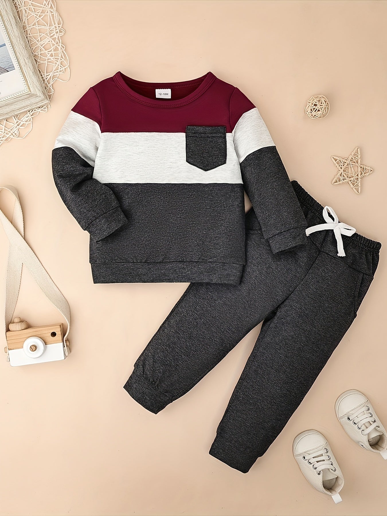 CETEPY Toddler Baby Boys Clothes Autumn Winter Outfits Color Block Long-sleeved Top + Trousers wIth Pockets Sets 12 Months-5 Years, for Outdoor